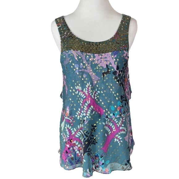 TIBI New York Silk Metallic Gold Teal Rabbit Woodland Forest Sleeveless Blouse 2 - Picture 1 of 15
